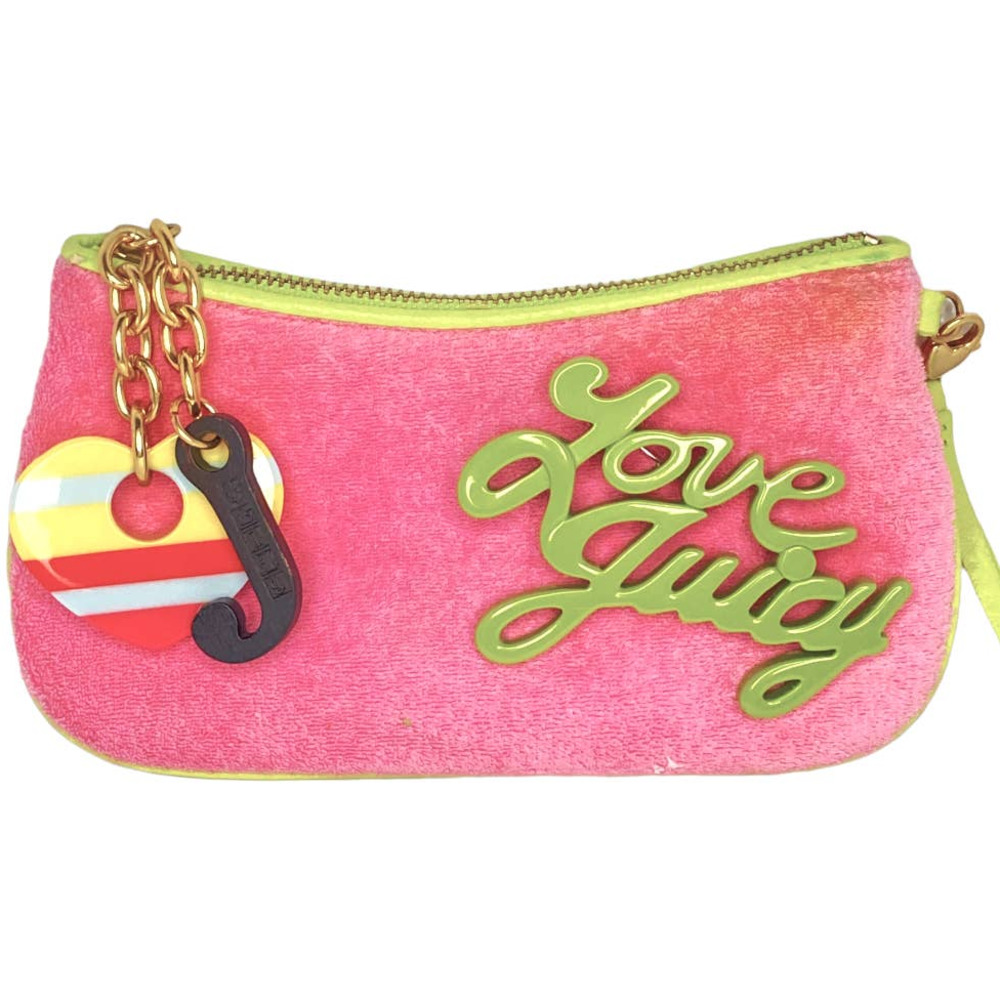 Y2K Juicy Couture Pink Towel Terry Velour Wristlet Lime Green Leather Accents